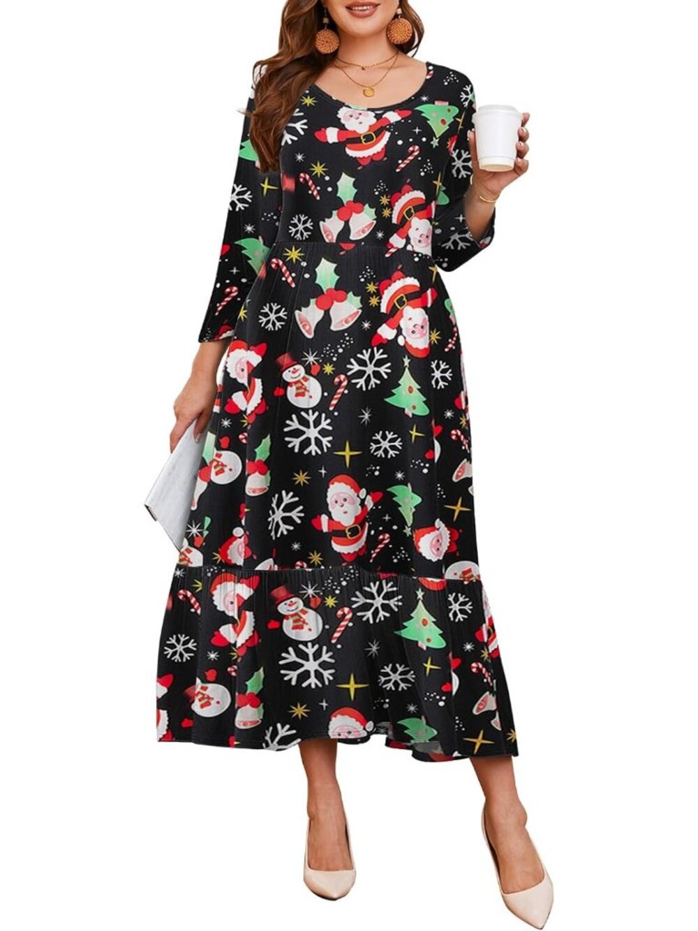 Women's Christmas Print Casual Plus Size Maxi Dress Pockets Plus Size Maxi Dress